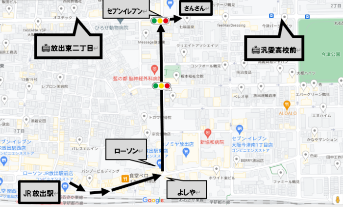 放出駅からさんさんまでの地図